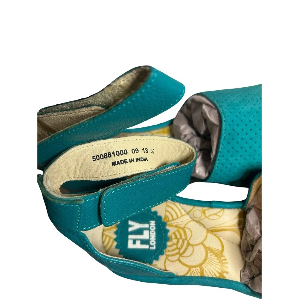 Fly London Yall Teal Leather Wedge Sandals Peep Toe Ankle Strap Womens 37 NEW